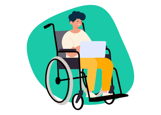 Illustration d’un jeune homme en fauteuil roulant consultant son ordinateur portable